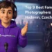 3D character in purple hoodie reviewing family photography portfolio in Hodonín studio