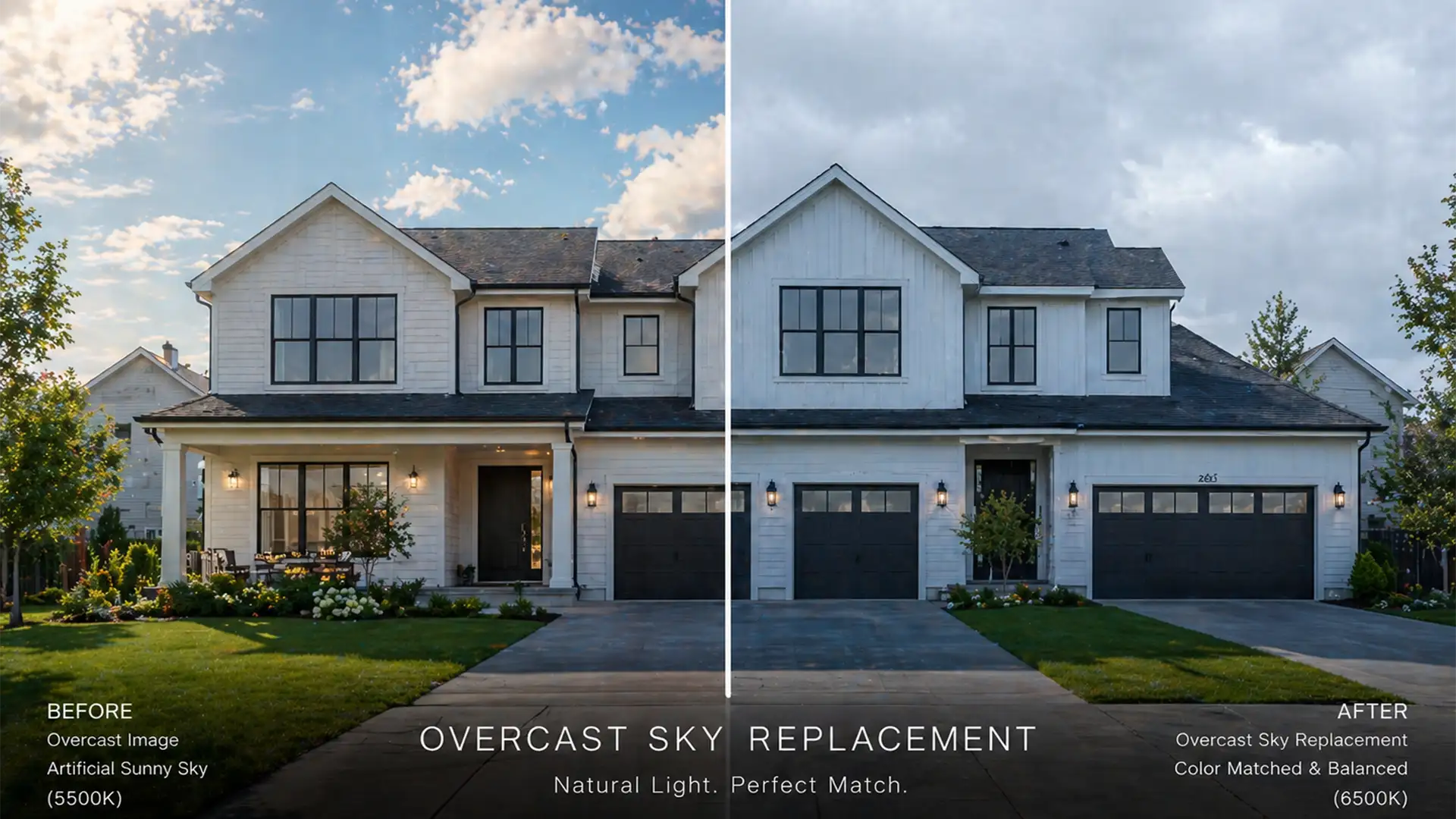 Natural Real Estate Edits: Matching Sky Replacements to Overcast Lighting
